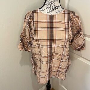 INC Size Large Cream and Light brown Plaid Blouse for Fall